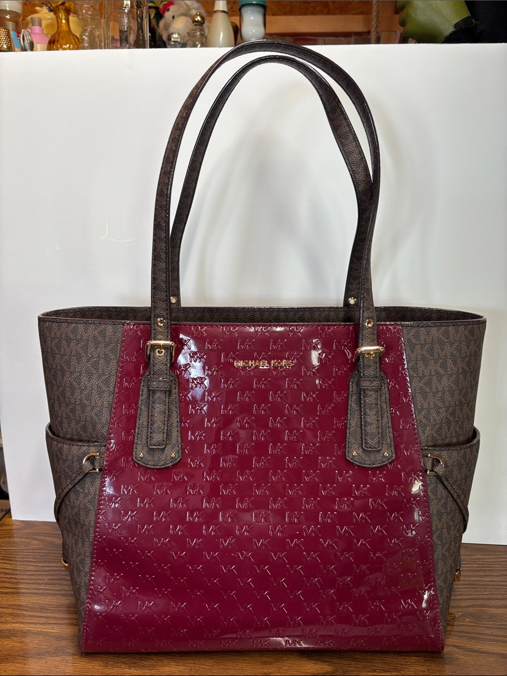 Michael Kors Brown & Burgundy Logo Tote with Gold-Tone Hardware